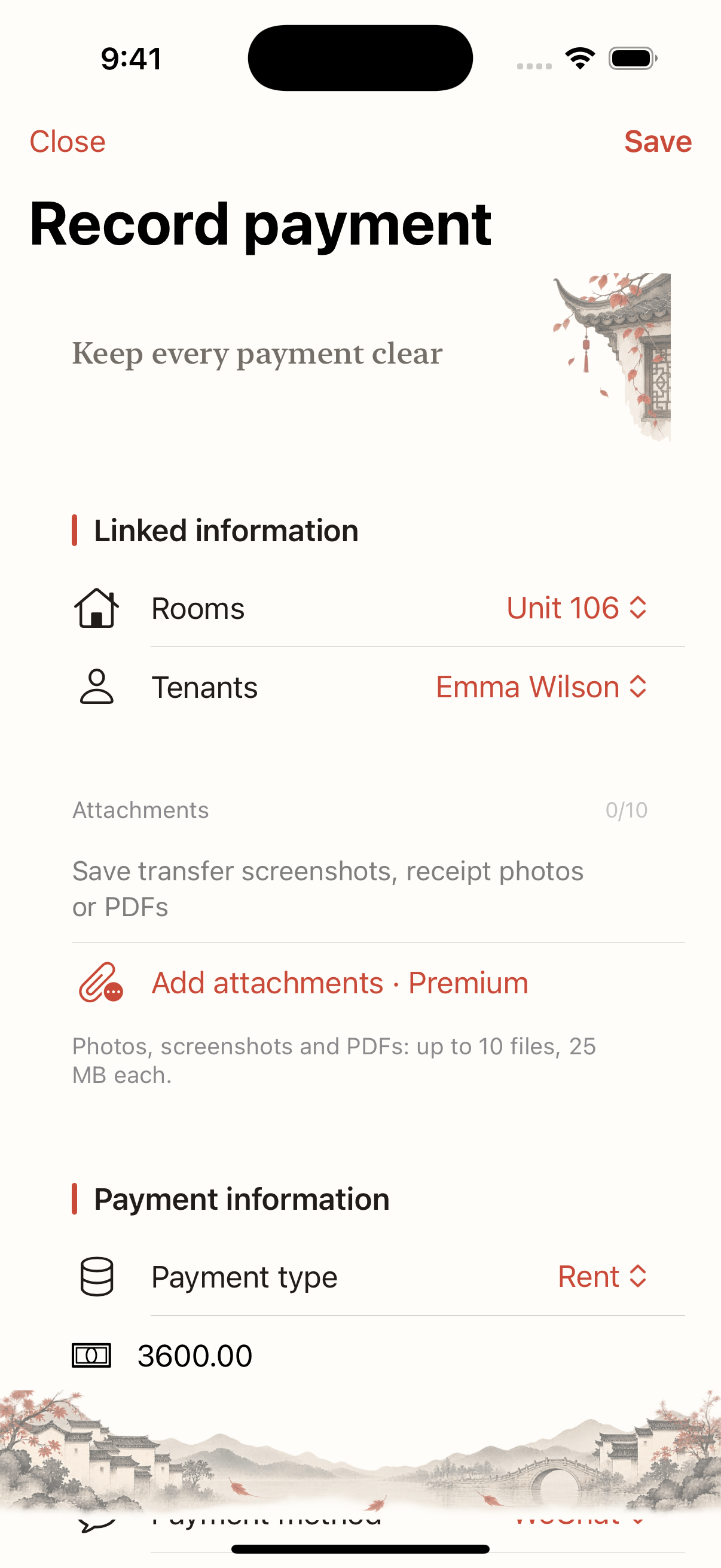 Landlady payment entry screen