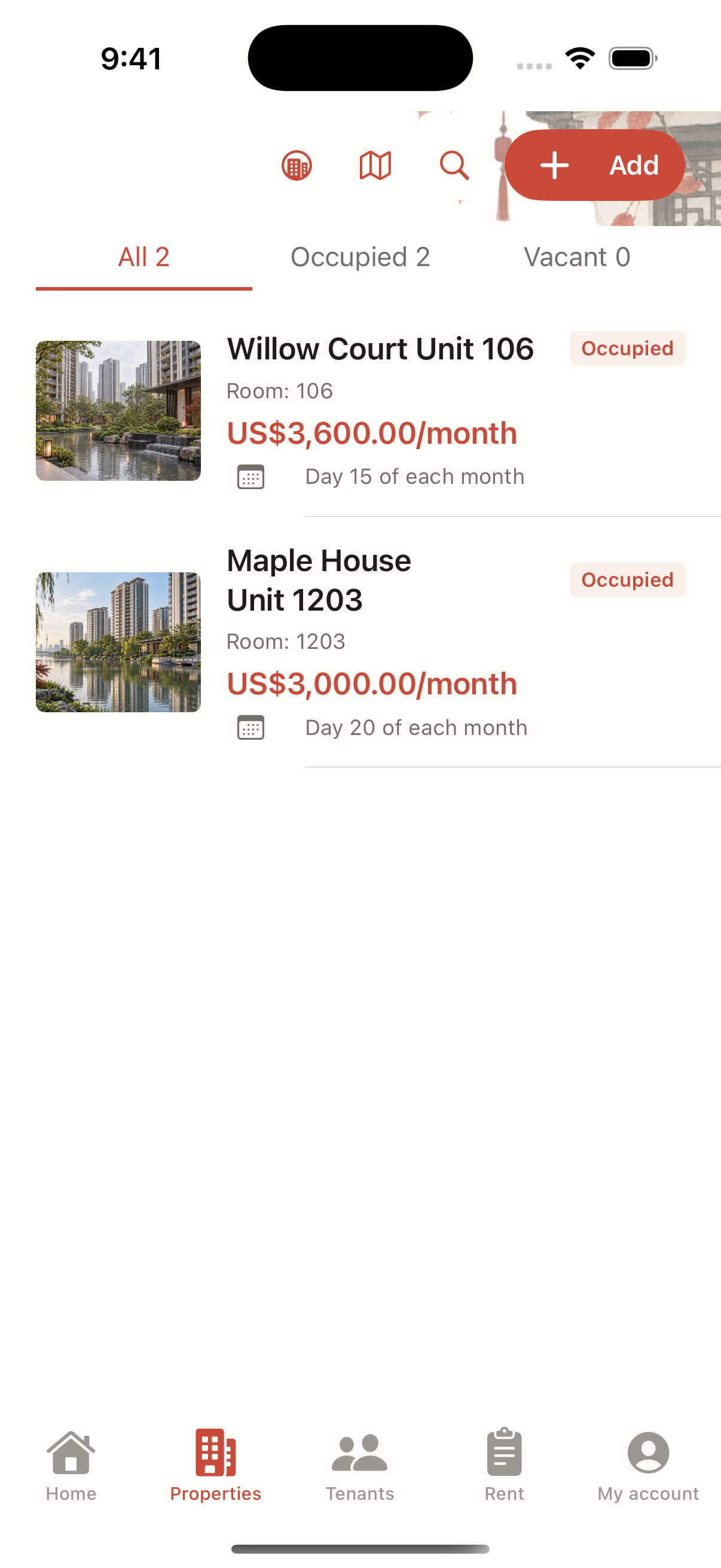 Landlady property list with occupied rooms and rent amounts